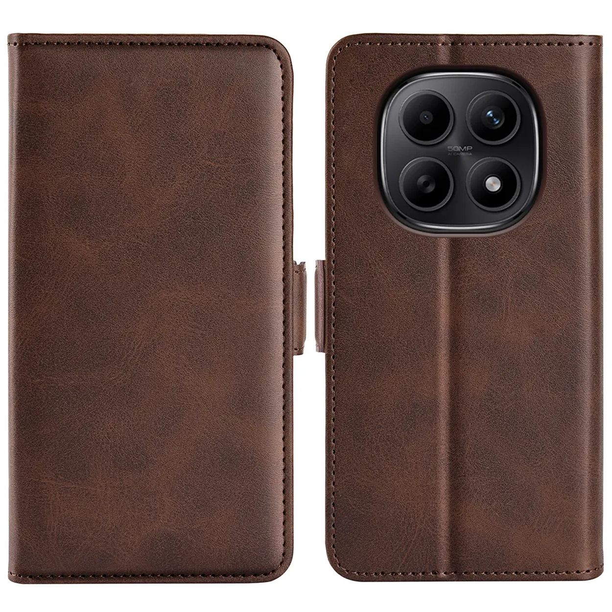 Étui de téléphone en cuir marron avec configuration à quatre caméras.