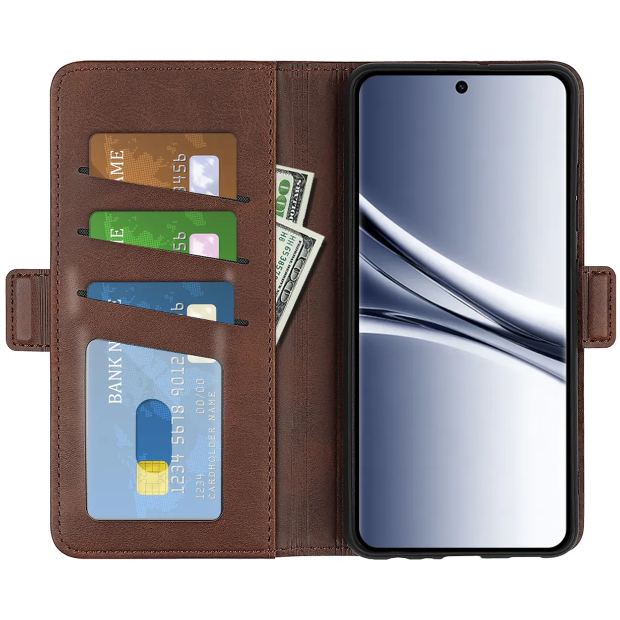 Portefeuille marron avec emplacement téléphone, porte-cartes et argent.