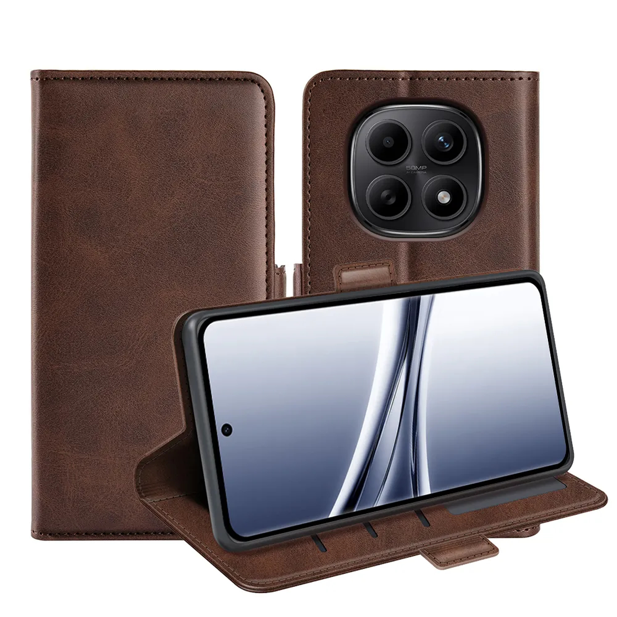 Étui de téléphone en cuir marron avec design à rabat ouvert, montrant caméra et écran.
