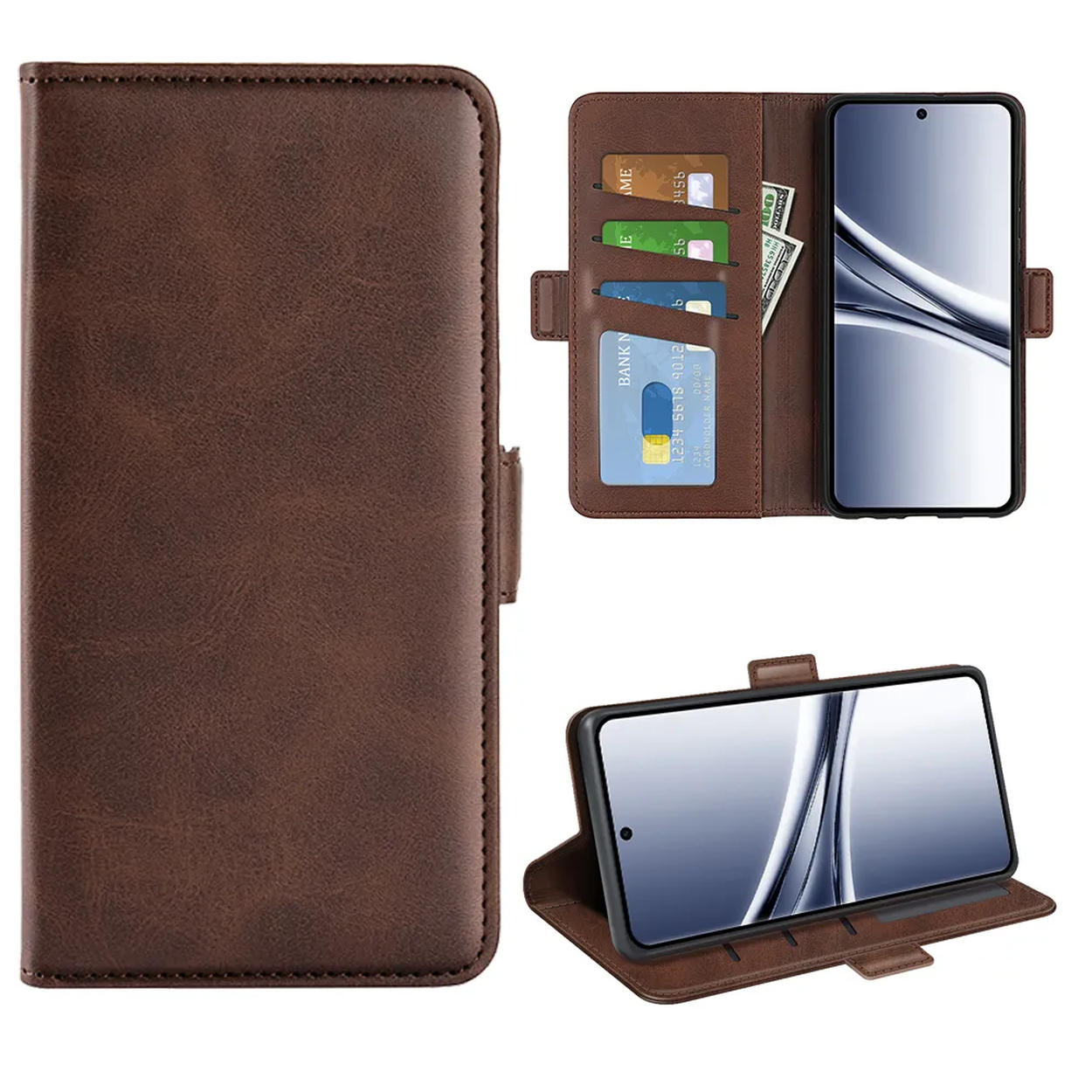 Étui portefeuille en cuir marron avec téléphone, cartes et argent.