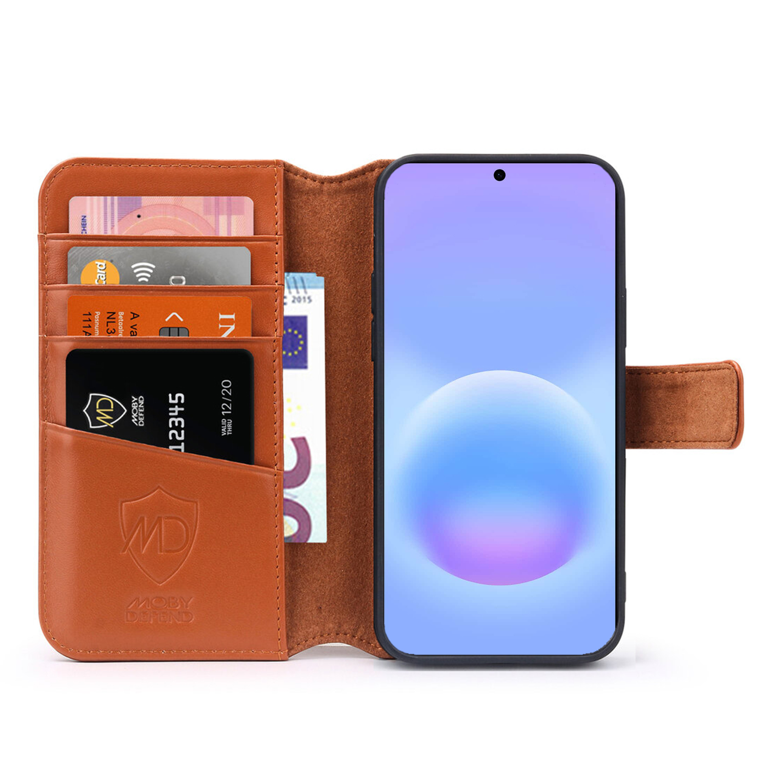Bruine portemonnee met telefoonvak, kaarten en bankbiljetten.