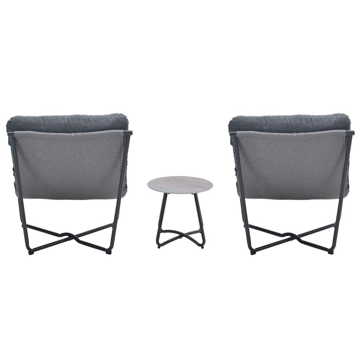 Two gray armchairs with a small round table between them.