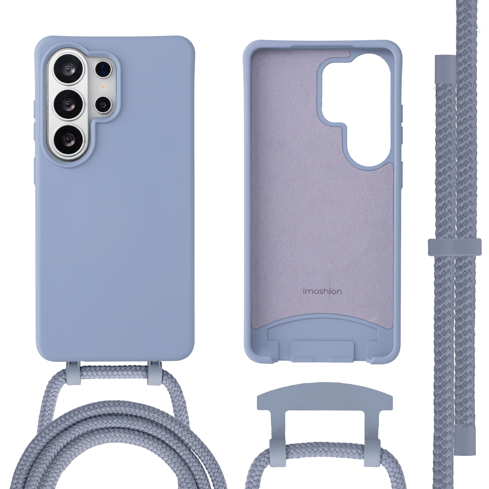Lichtblauwe telefoonhoes met camerabescherming en band. Binnenvoering is grijs.