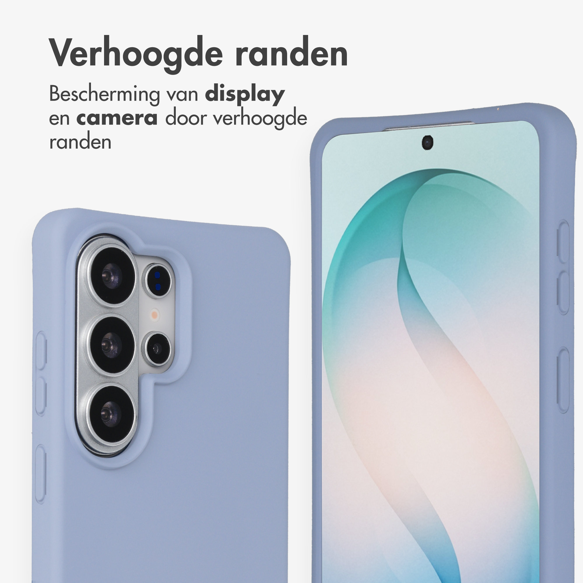 Paarse telefoonhoes met verhoogde randen voor camera- en schermbescherming.