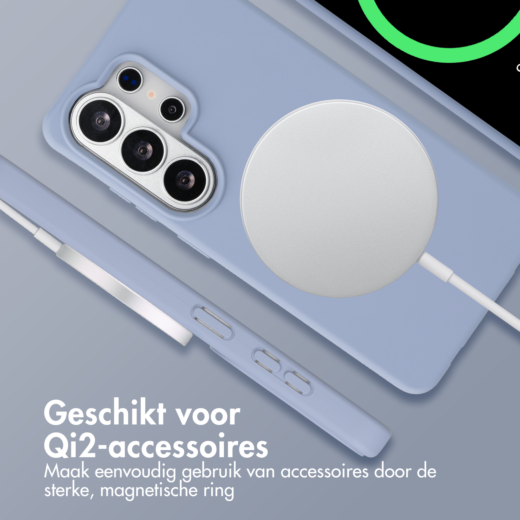 Een paars telefoonhoesje met camera en oplaadpad. Tekst over Qi2-accessoires.