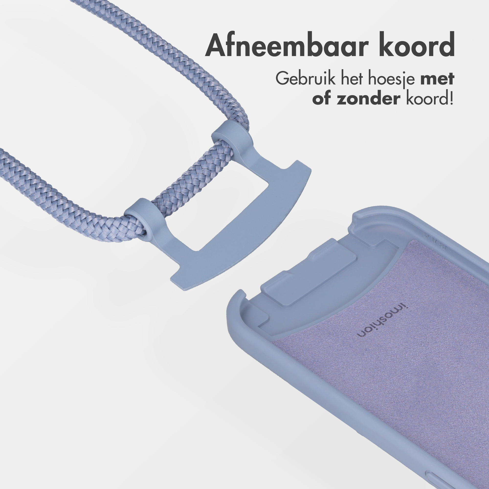 Afneembaar blauw telefoonkoord dat aan een hoesje wordt bevestigd.