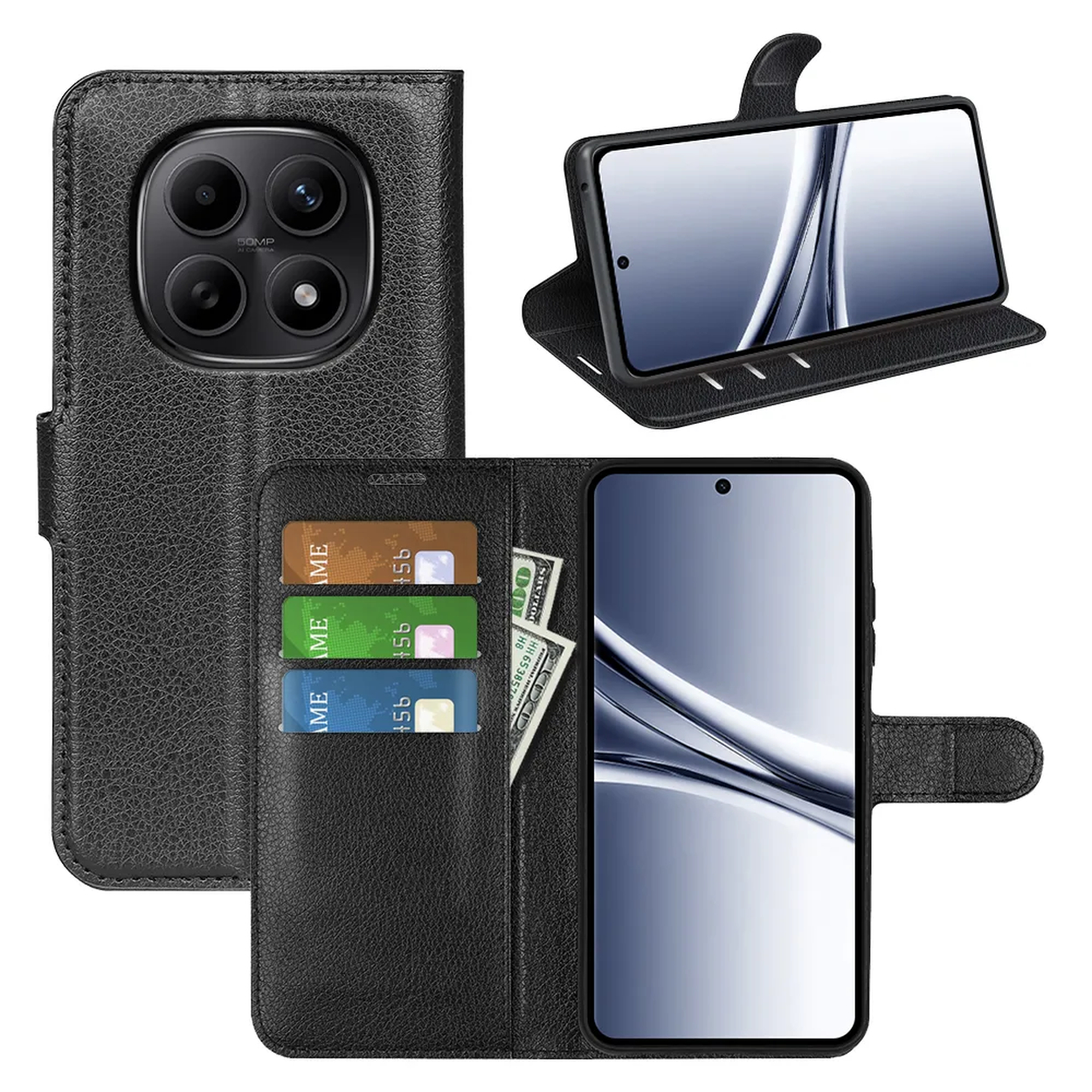 Zwarte lederen portemonneehoes met telefoon, kaarten en geld. Telefoon op standaard.