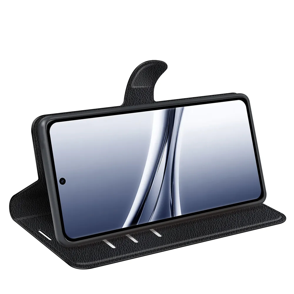 Zwarte flip case voor smartphone met open scherm, rechtop staand.