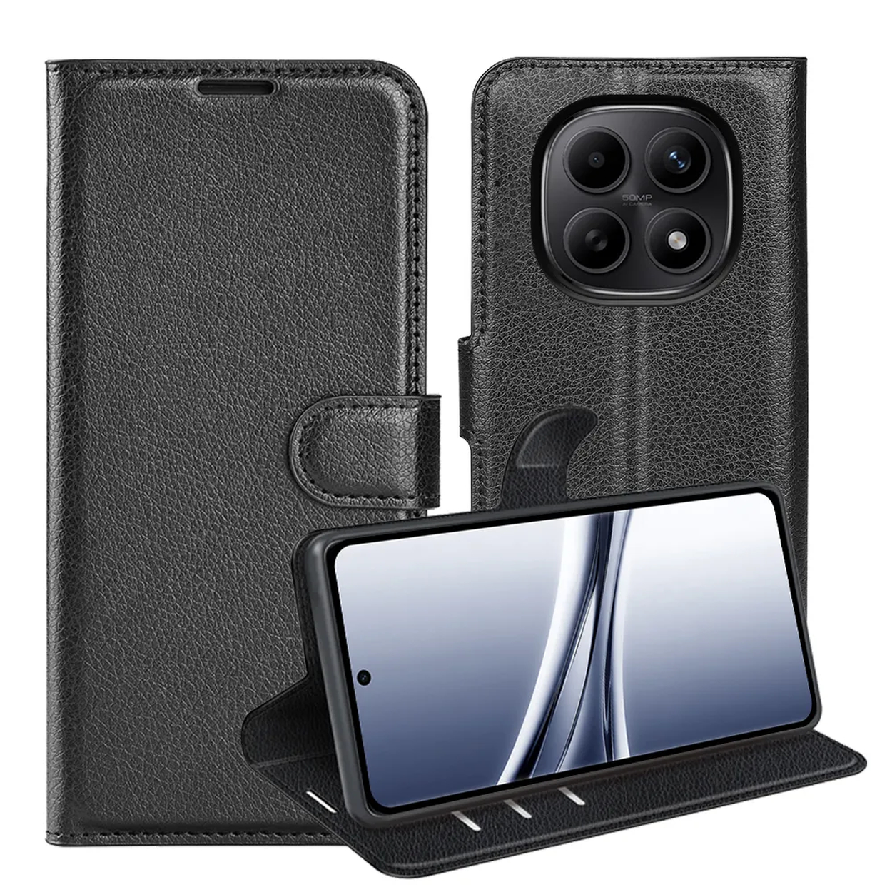 Zwarte lederen telefoonhoes met camera en telefoonweergave.