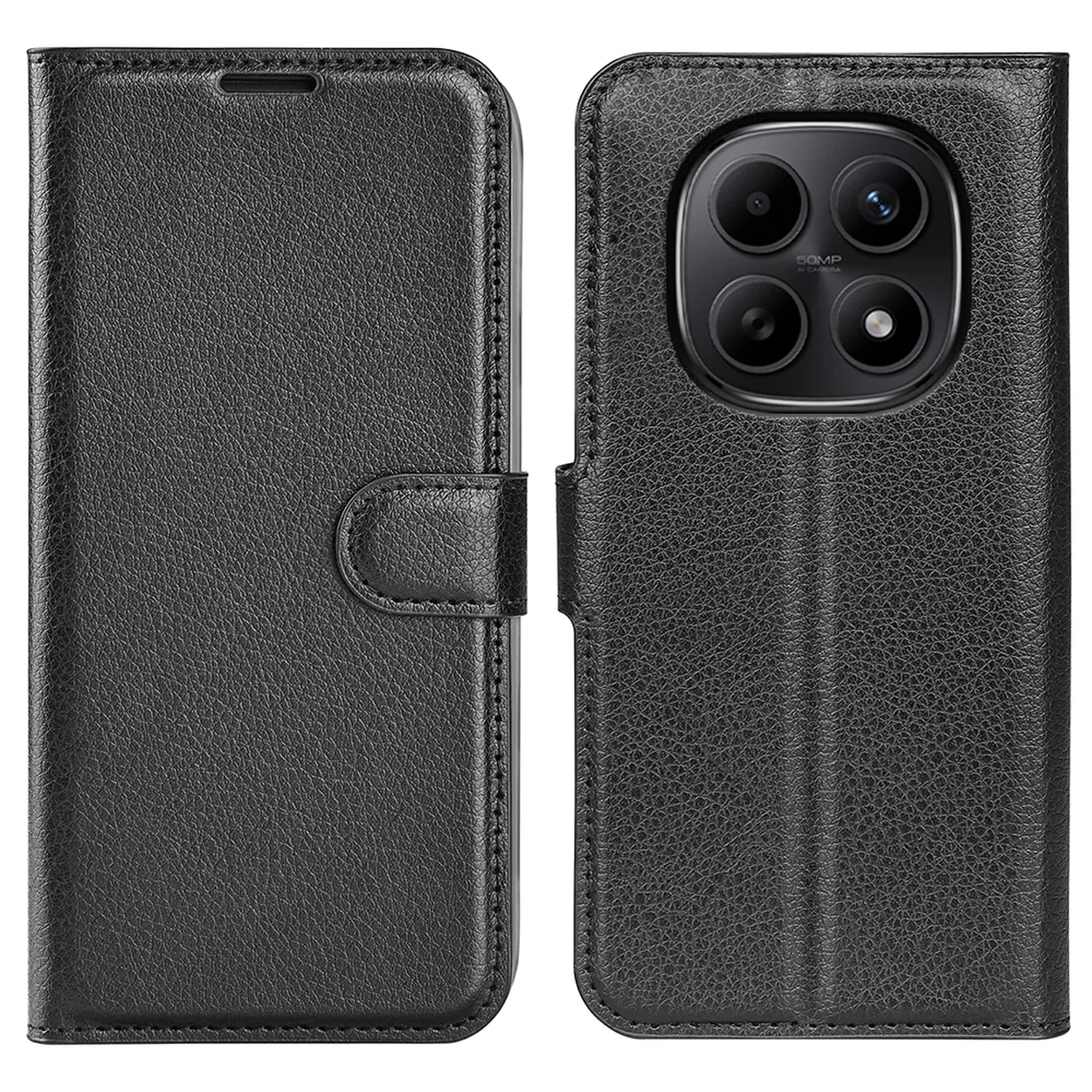 Zwarte leren flip telefoonhoes met camera-uitsparing en gespsluiting.