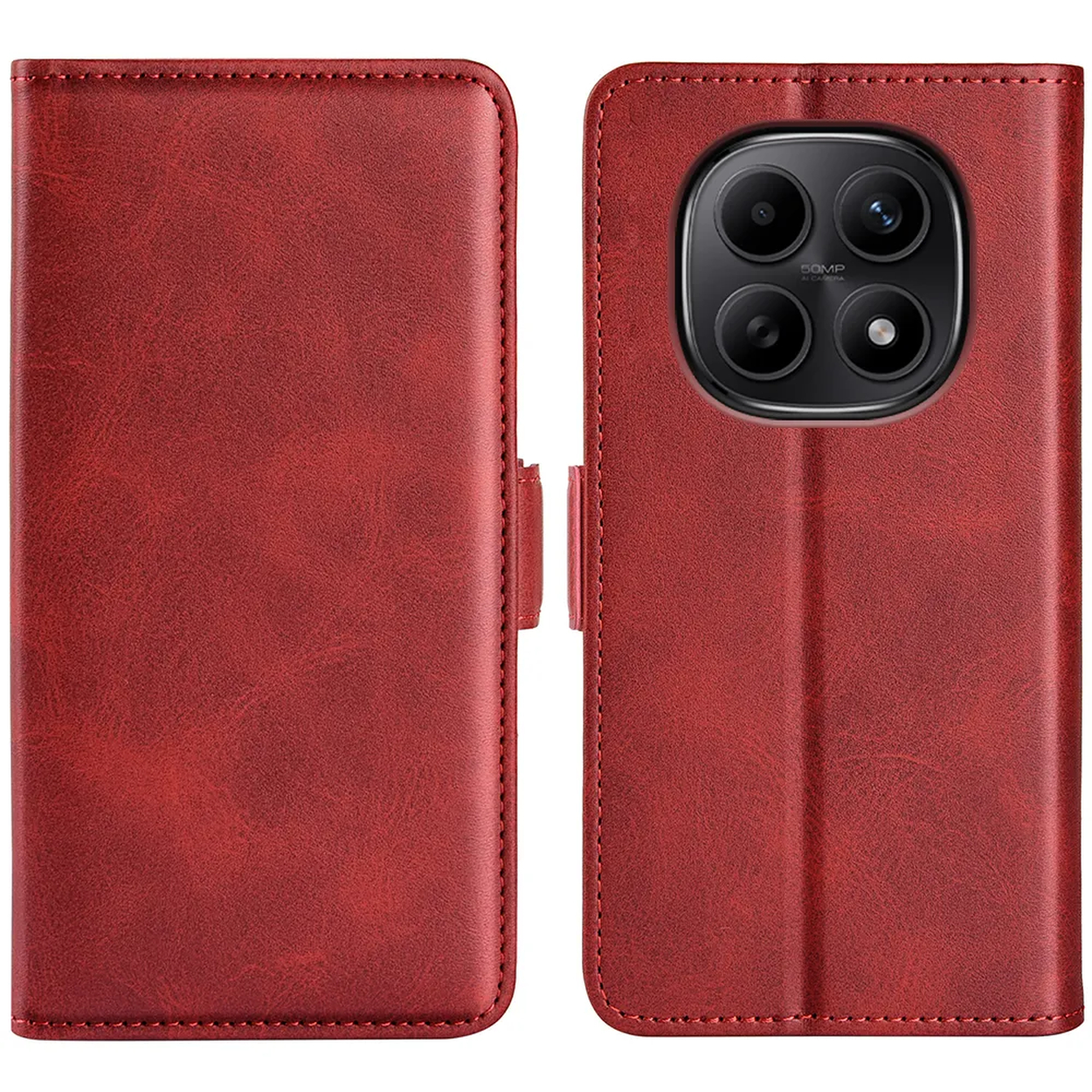 Étui de téléphone en cuir rouge, ouvert, montrant l'objectif de la caméra à droite.