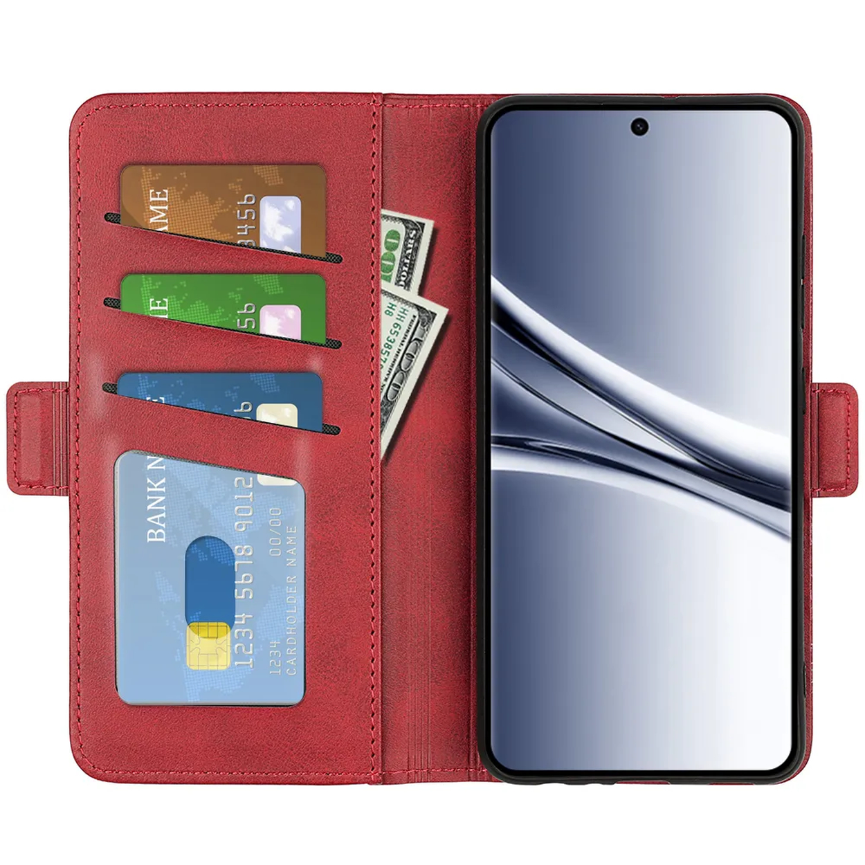 Portefeuille rouge avec fentes pour cartes, poche à billets et fente pour téléphone.