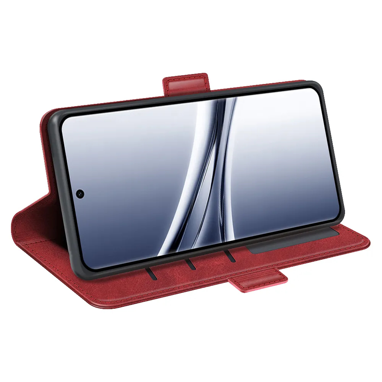 Un étui à rabat rouge pour smartphone sur fond blanc.