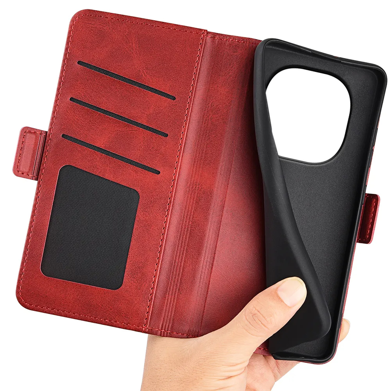 Étui portefeuille en cuir rouge avec fentes pour cartes et support noir.