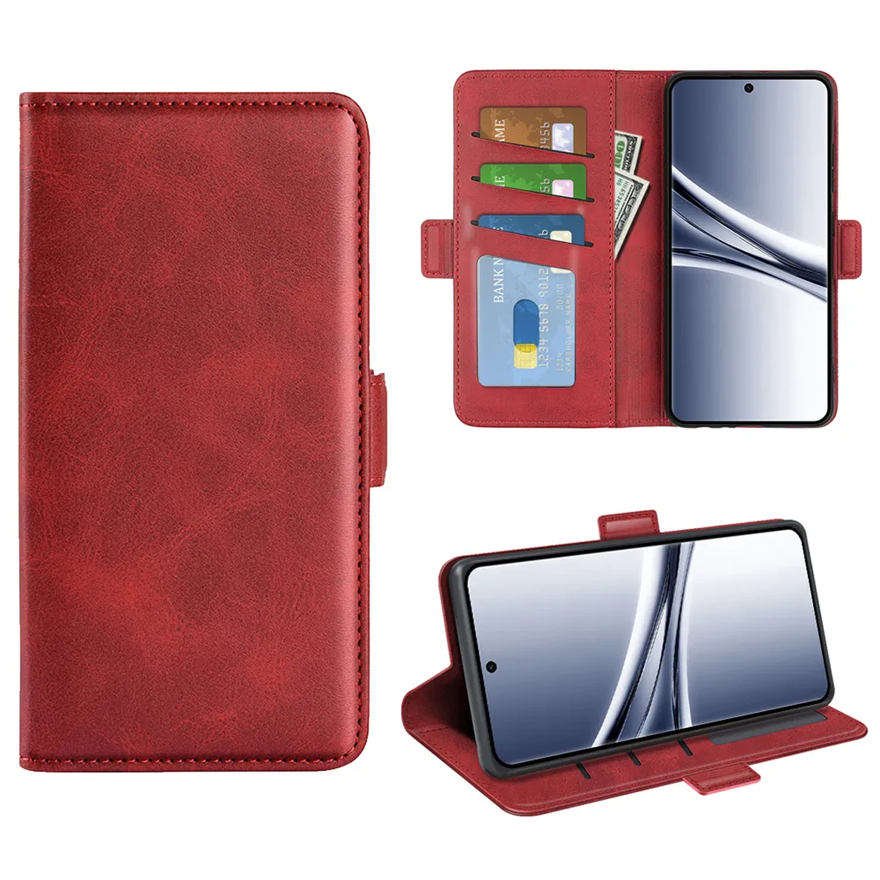 Étui de téléphone rouge avec fentes pour cartes et poche à billets, ouvert et fermé.