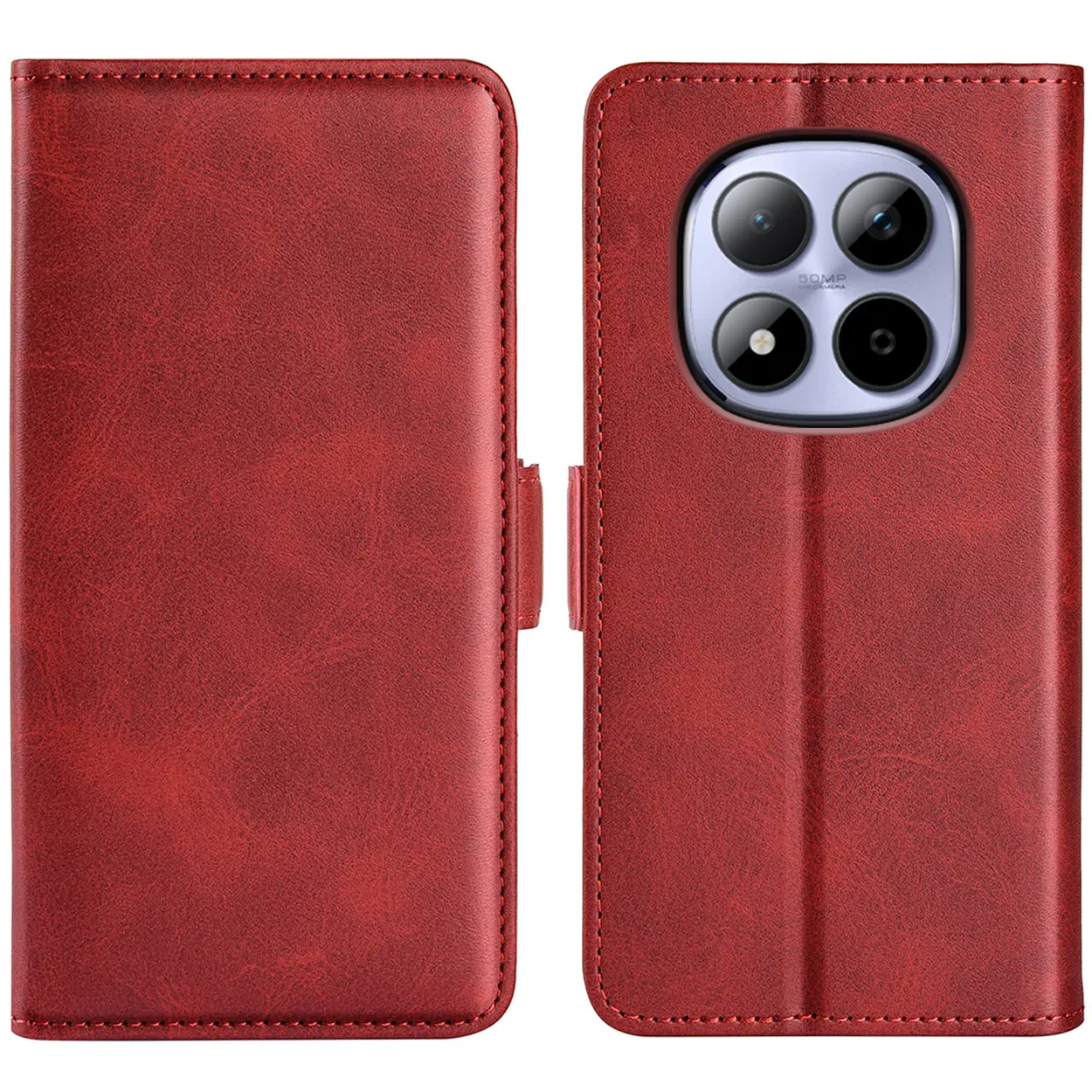 Coque de téléphone rouge avec appareil photo quadruple et rabat avant plié.