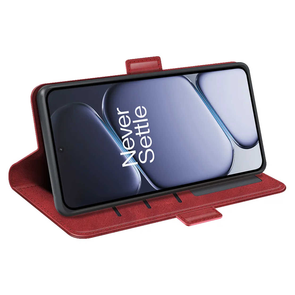 Étui à rabat rouge pour téléphone avec écran ouvert affichant "Never Settle".