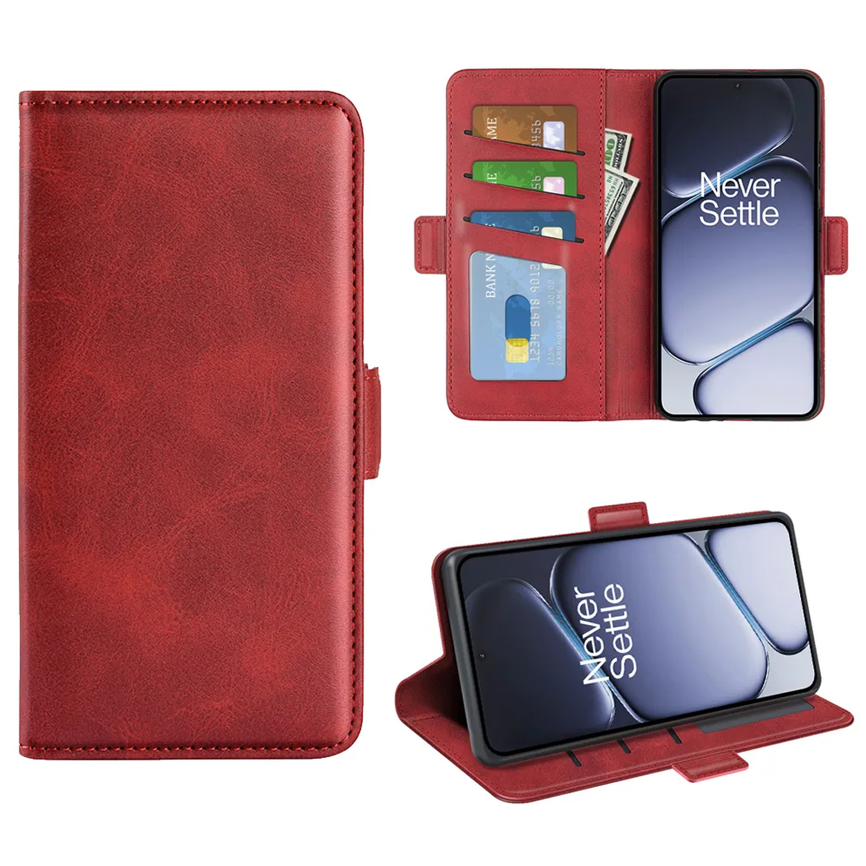 Étui portefeuille en cuir rouge avec fentes pour cartes et téléphone. Vues fermées et ouvertes.