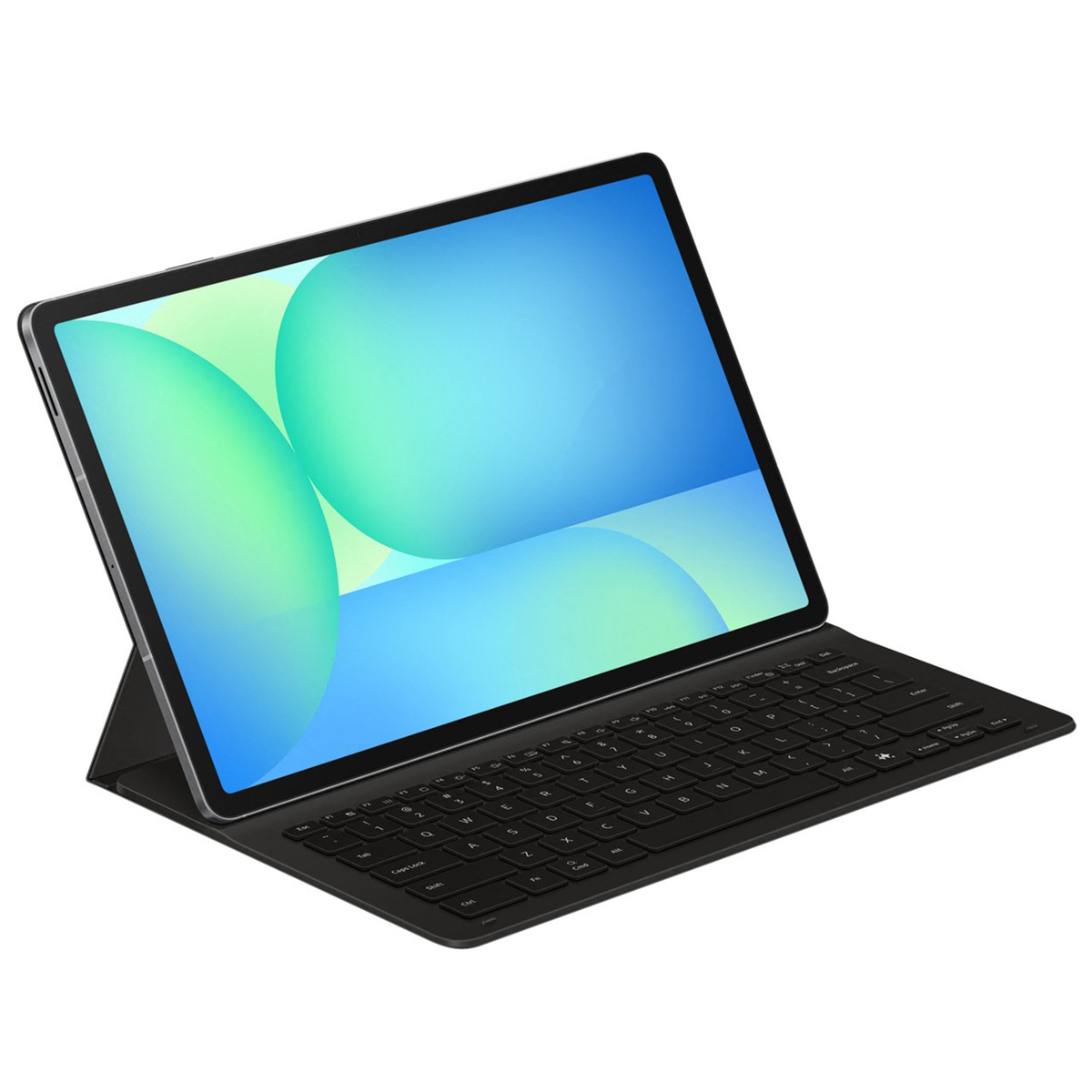 Une tablette argentée avec un étui clavier noir. L'écran affiche des formes abstraites bleues et vertes.