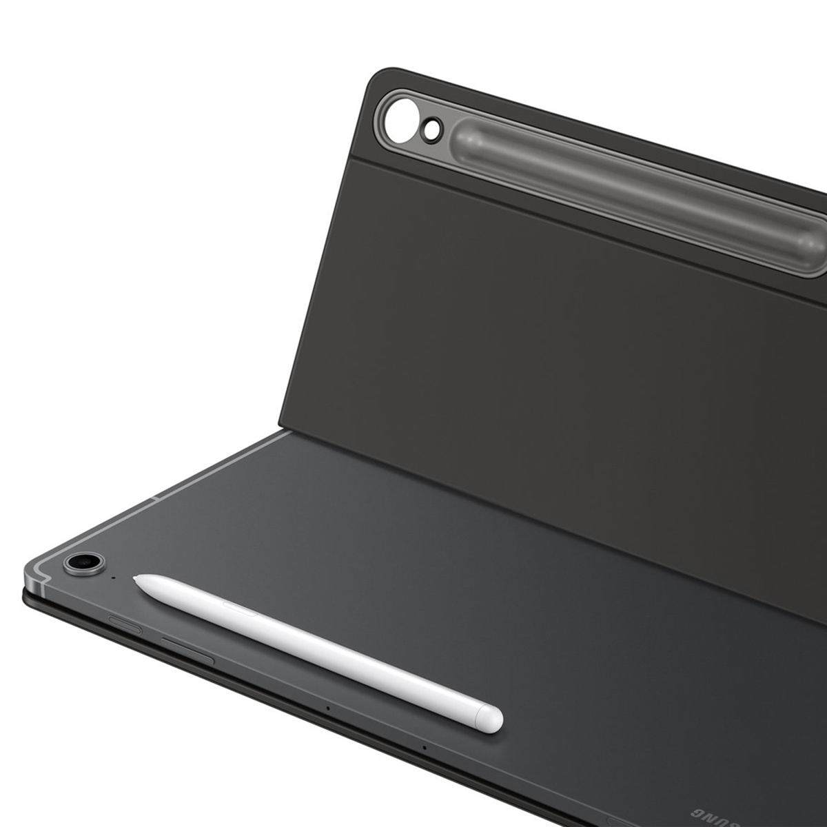 Une tablette noire avec un stylet blanc sur le devant et une couverture ouverte.