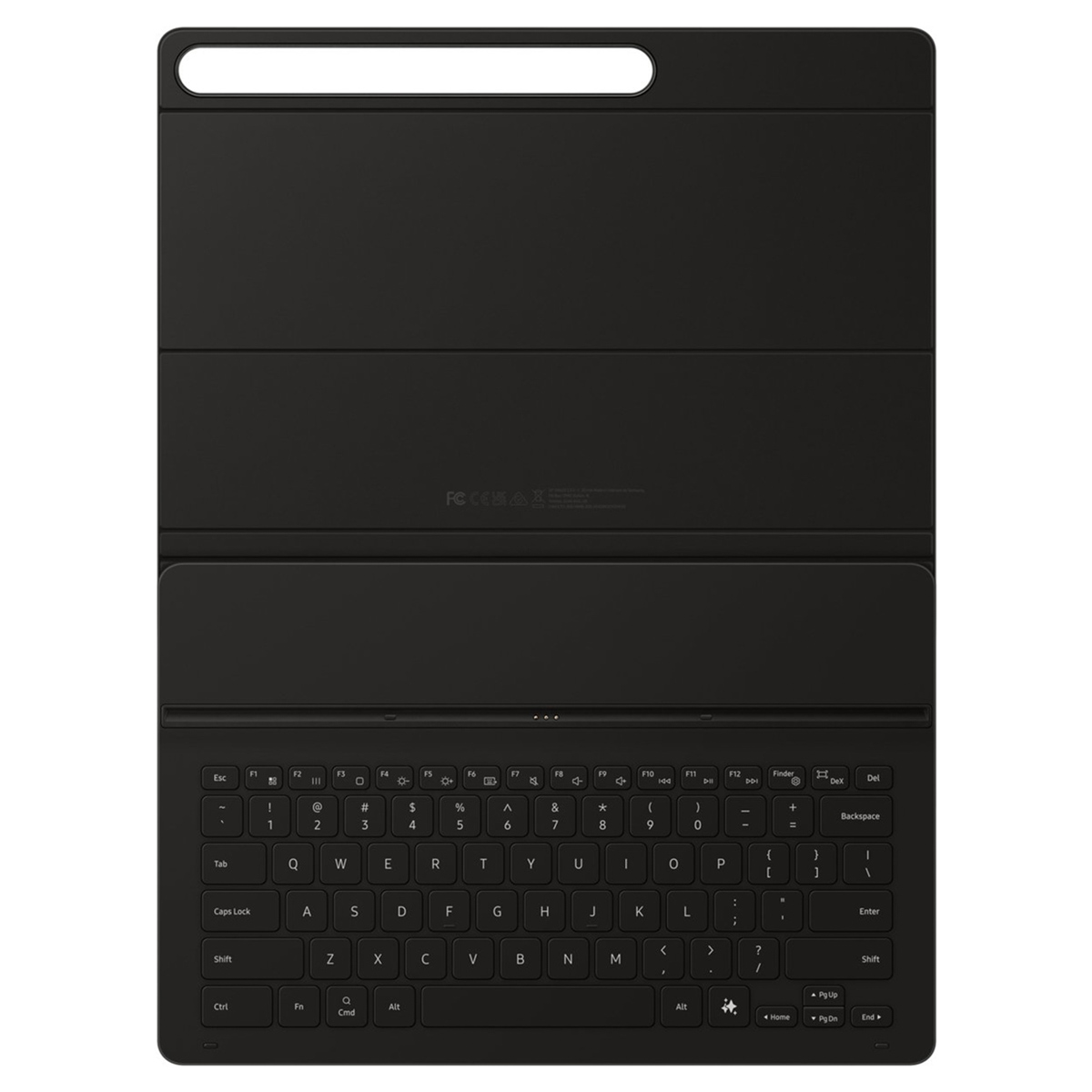 Housse de clavier noire avec disposition QWERTY et une fente étroite en haut.