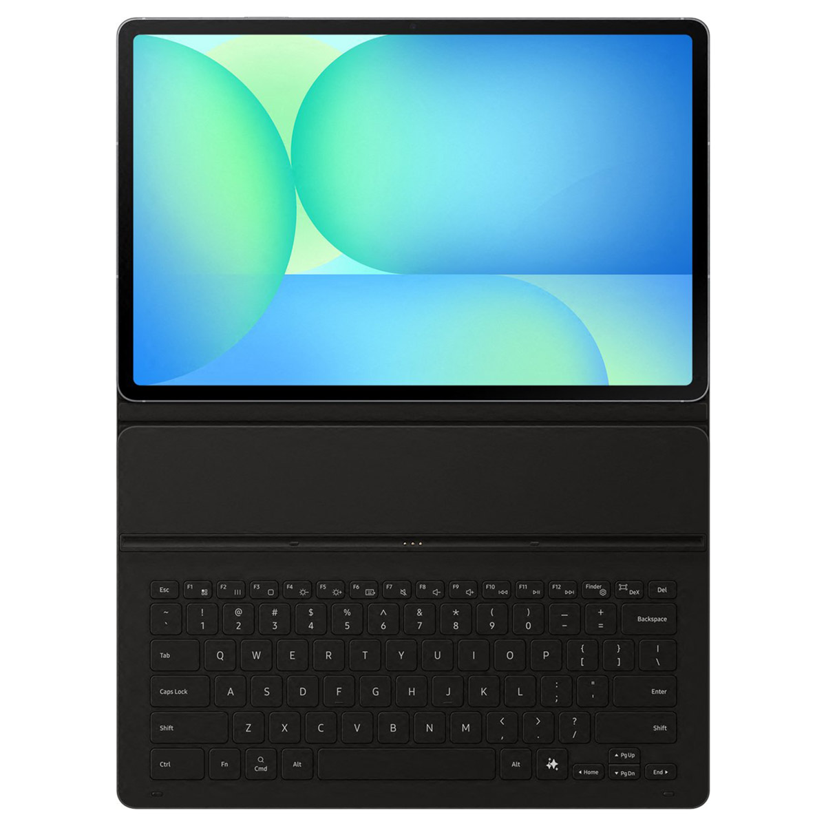 Une tablette avec un étui clavier noir est présentée. L'écran affiche un fond d'écran abstrait coloré.