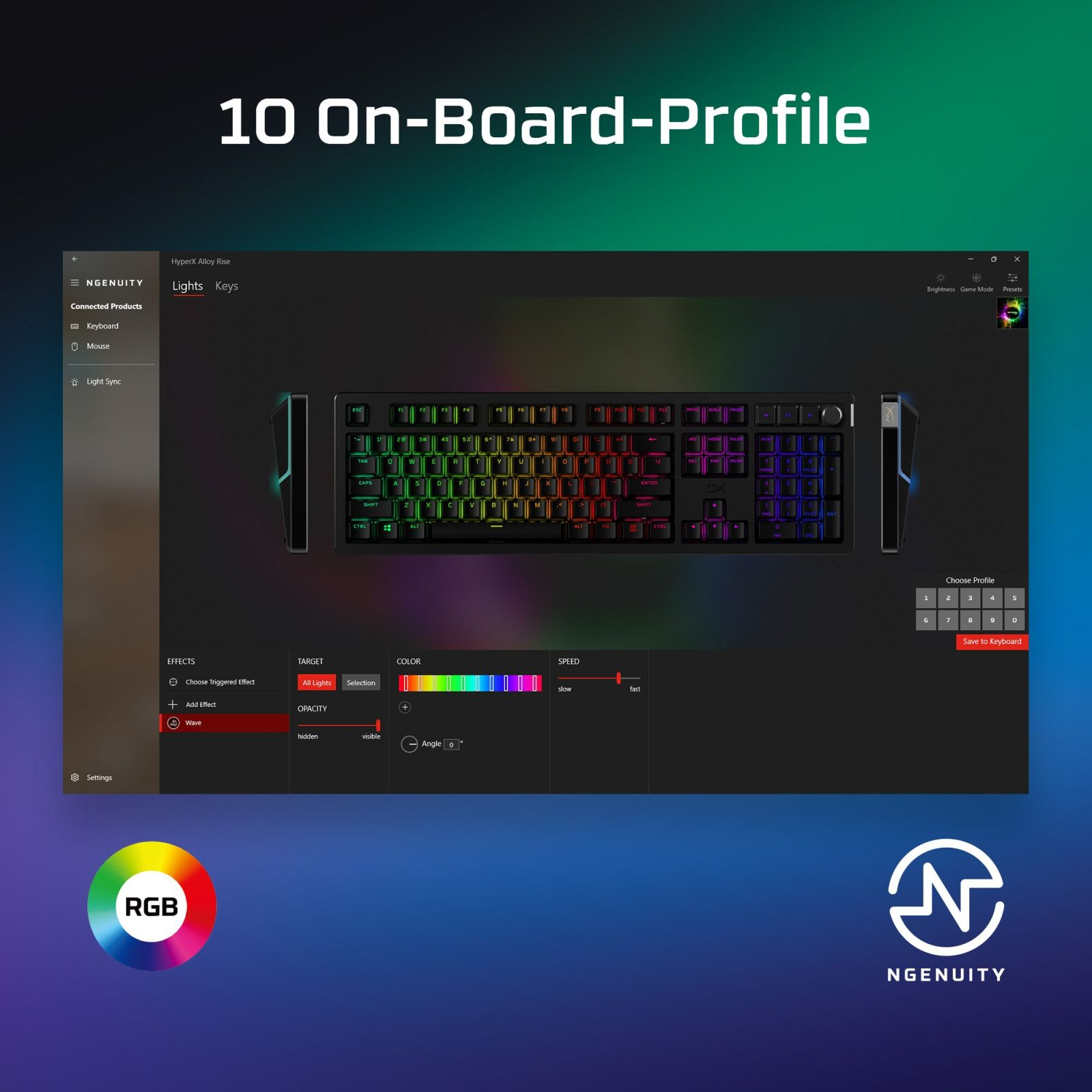 Ein Gaming-Keyboard mit RGB-Beleuchtung und Ngenuity-Software-Oberfläche.