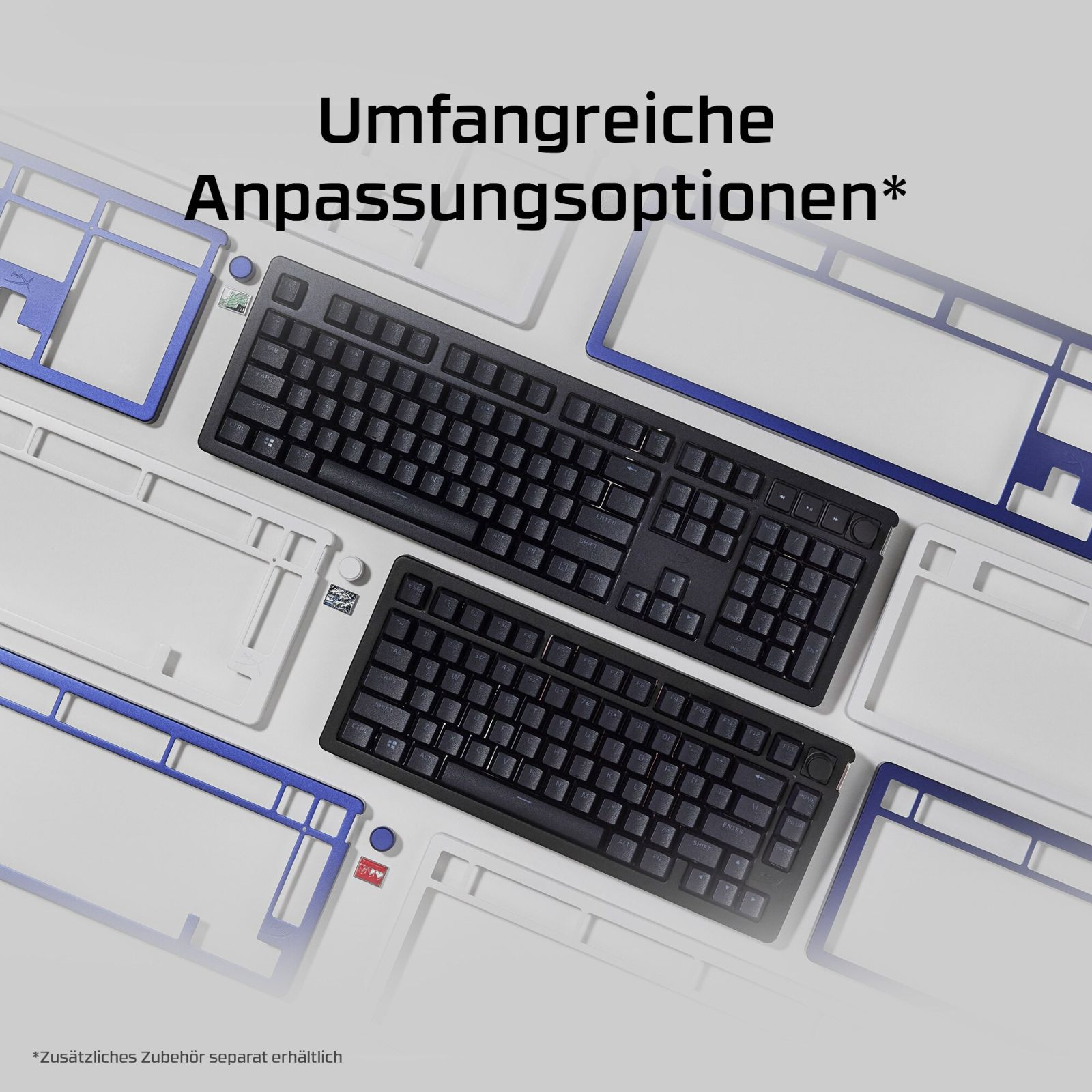 Zwei schwarze Tastaturen und anpassbare Tastaturrahmen in Blau und Weiß.