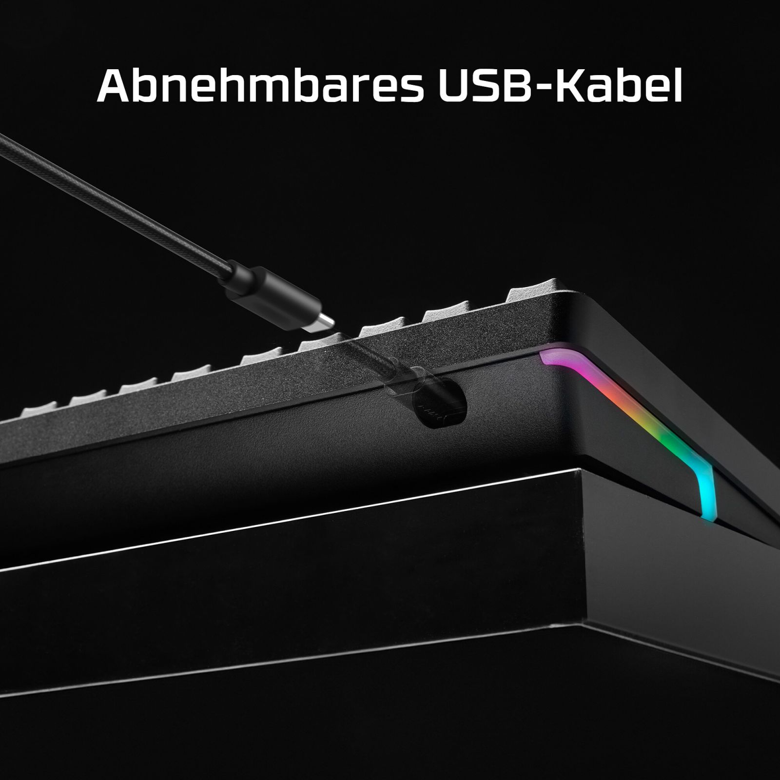 Abnehmbares USB-Kabel wird in ein schwarzes Keyboard mit RGB-Beleuchtung gesteckt.
