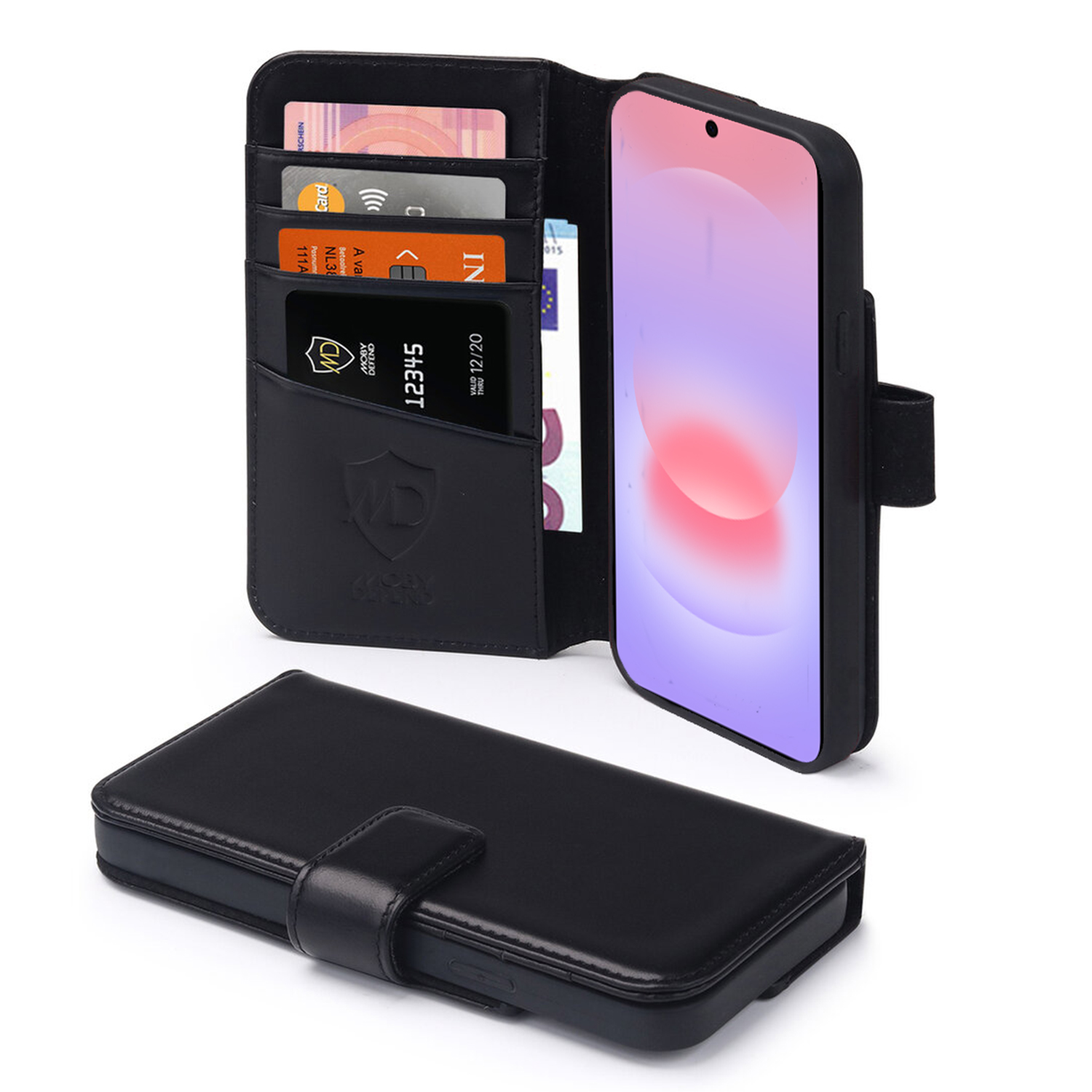 Zwarte leren flip telefoonhoes met kaarthouders en bankbiljetten, telefoon ernaast.