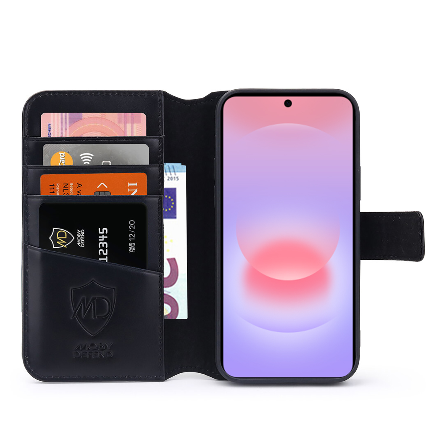 Zwarte portemonfeehouder met kaarten, contant geld en smartphone met paars/roze scherm.