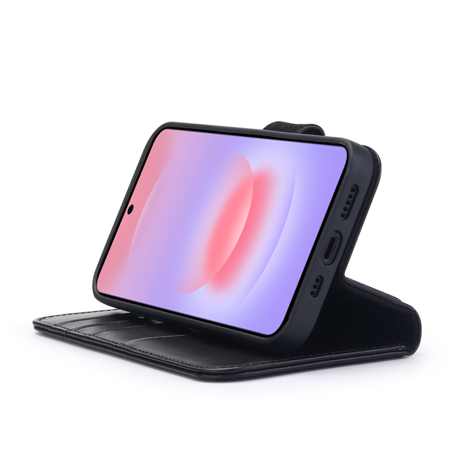 Zwarte telefoon in een open flipcase met roze en paars scherm.