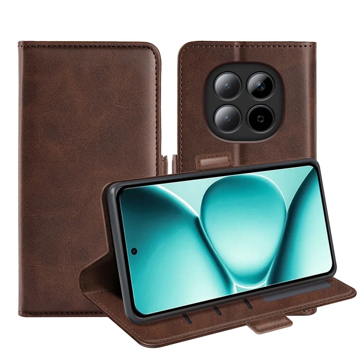 Bruine lederen telefoonhoes met vier camera's en open scherm.