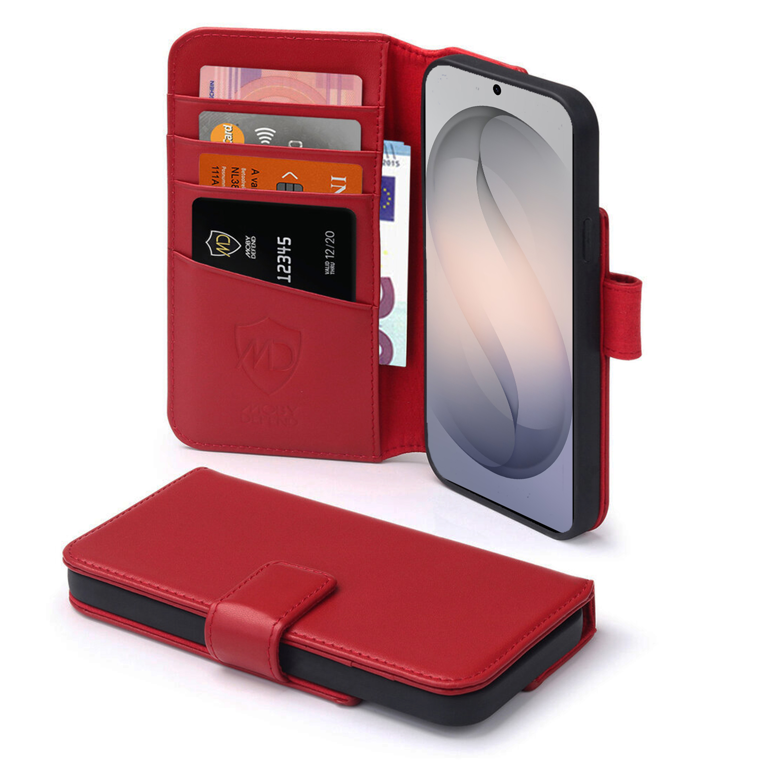Rood leren portemonnee hoesje met telefoon en kaarten. Open portemonnee toont kaarten en contant geld.