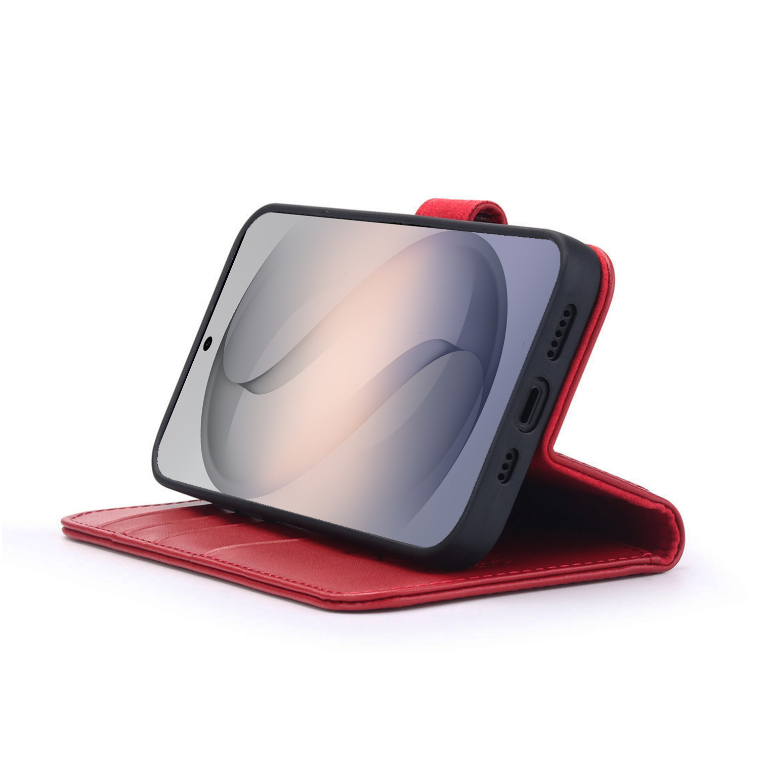 Rode smartphone flip case met telefoon op witte achtergrond.
