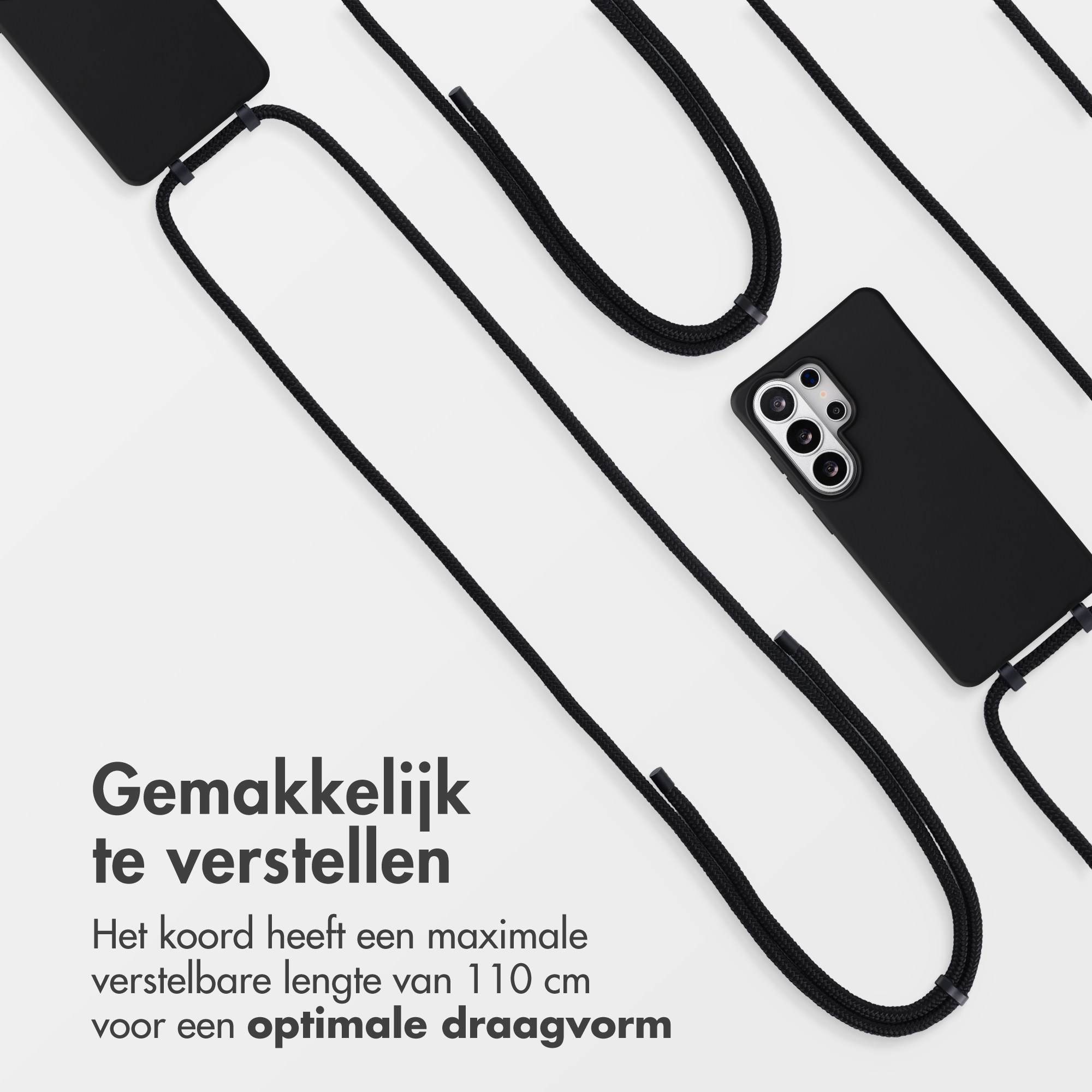 Zwarte telefoonhoes met verstelbaar koord tot 110 cm.