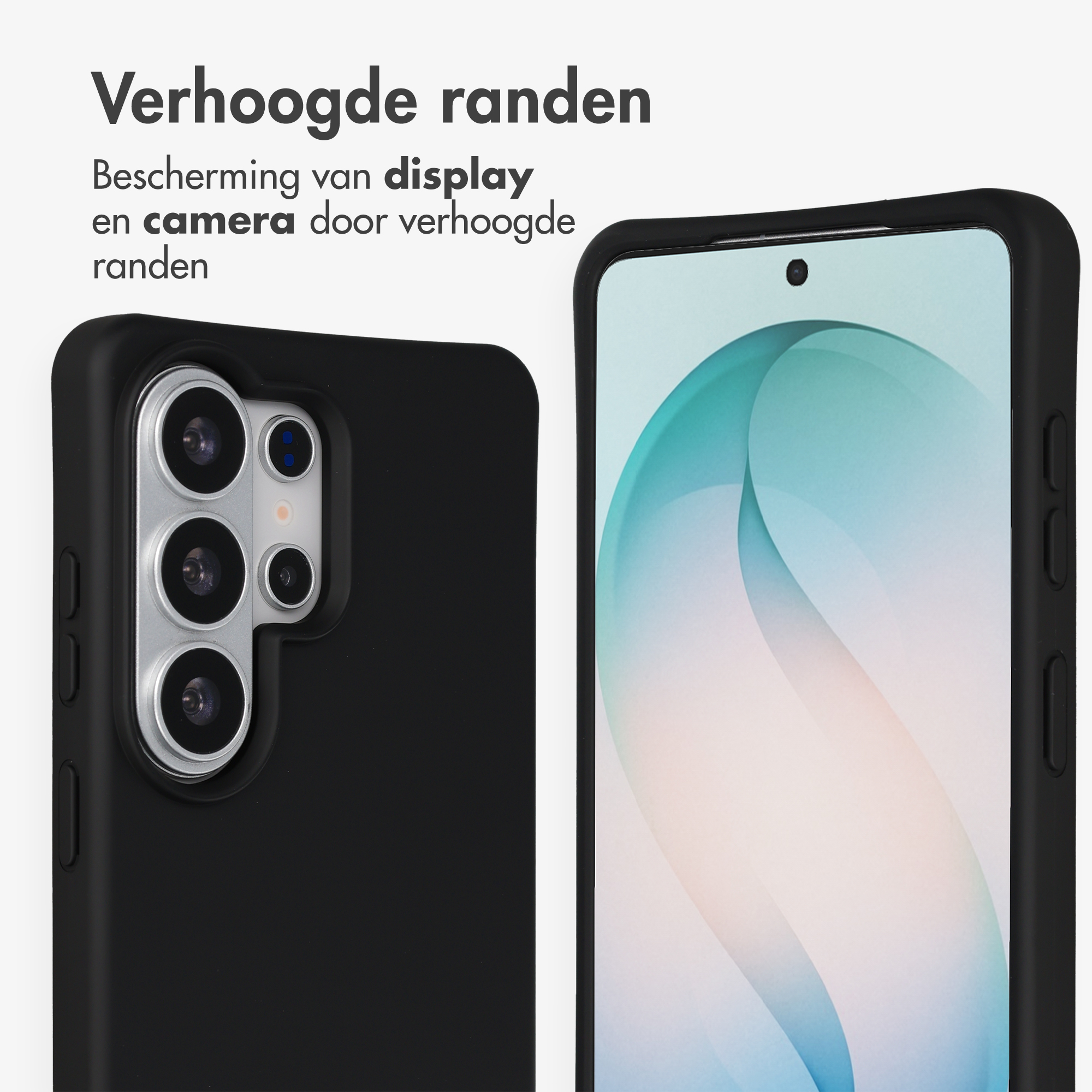 Zwarte telefoonhoes met verhoogde randen voor display- en camerabescherming.
