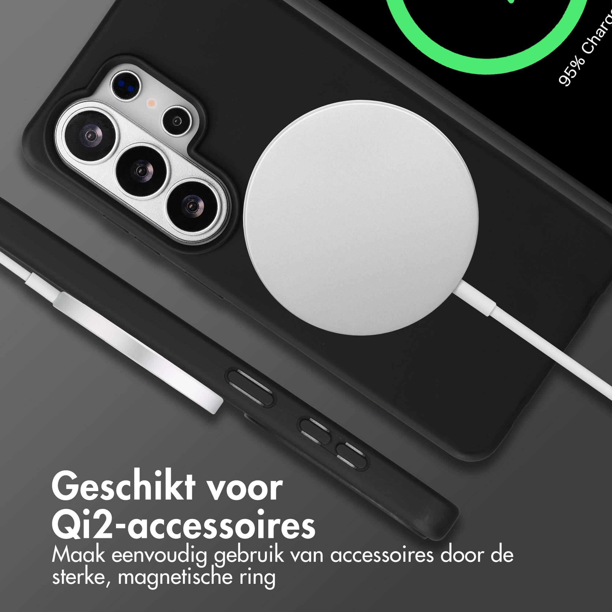 Zwarte smartphone met camera en magnetische Qi2-lader.