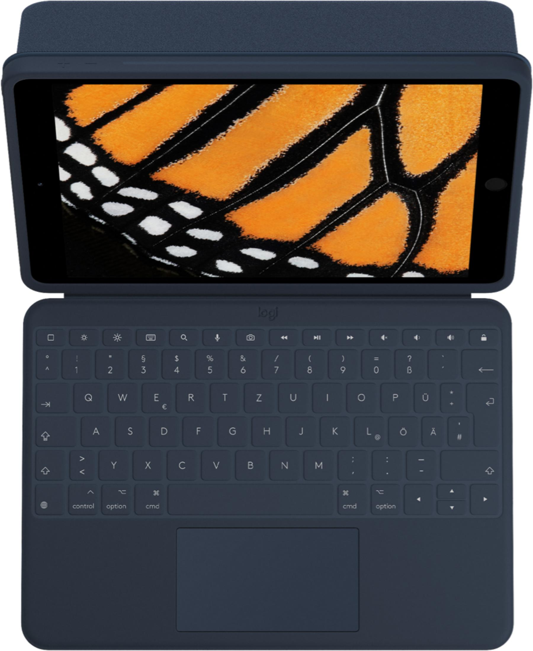 Ein geöffnetes Tablet mit Tastatur. Der Bildschirm zeigt Nahaufnahme eines Schmetterlingsflügels.