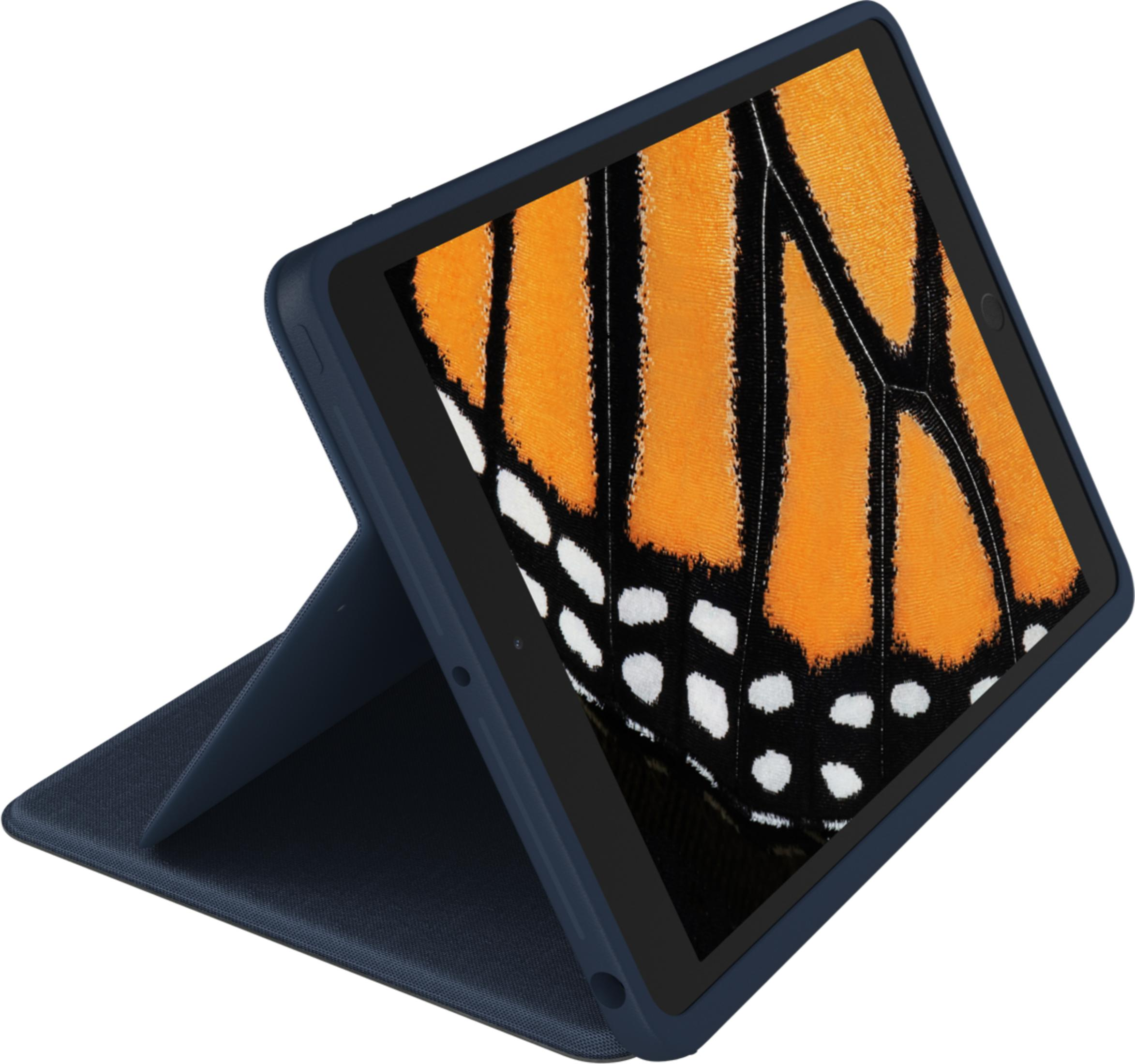 Dunkelblaues Tablet mit geöffneter Hülle, das ein Schmetterlingsflügelmuster zeigt.