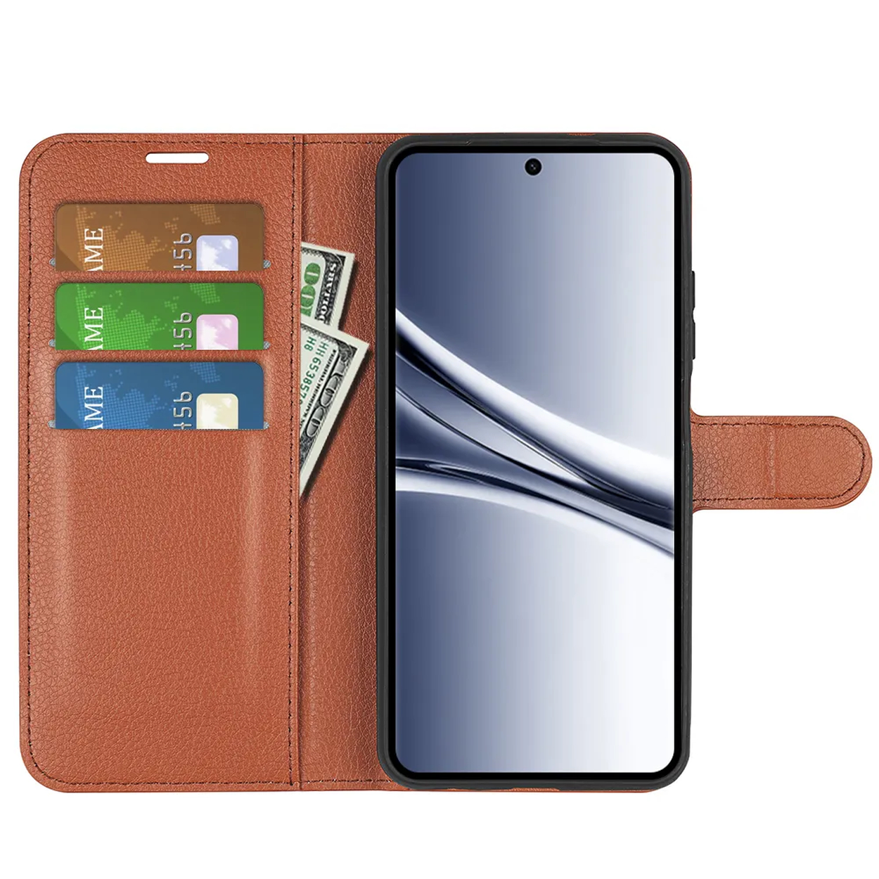 Bruine portemonnee telefoonhoes met kaartsleuven en contant geld. Smartphone geplaatst.