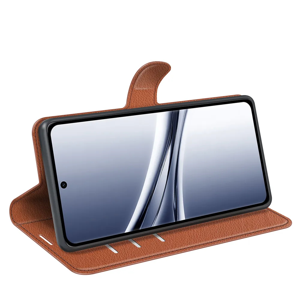 Een bruine leren flip telefoonhoes met een smartphone erin.
