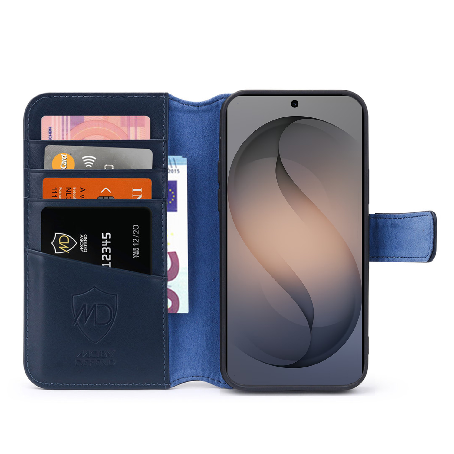 Blaue Brieftasc mit Handy, Karten und Euro-Scheinen. Handy ist schwarz.