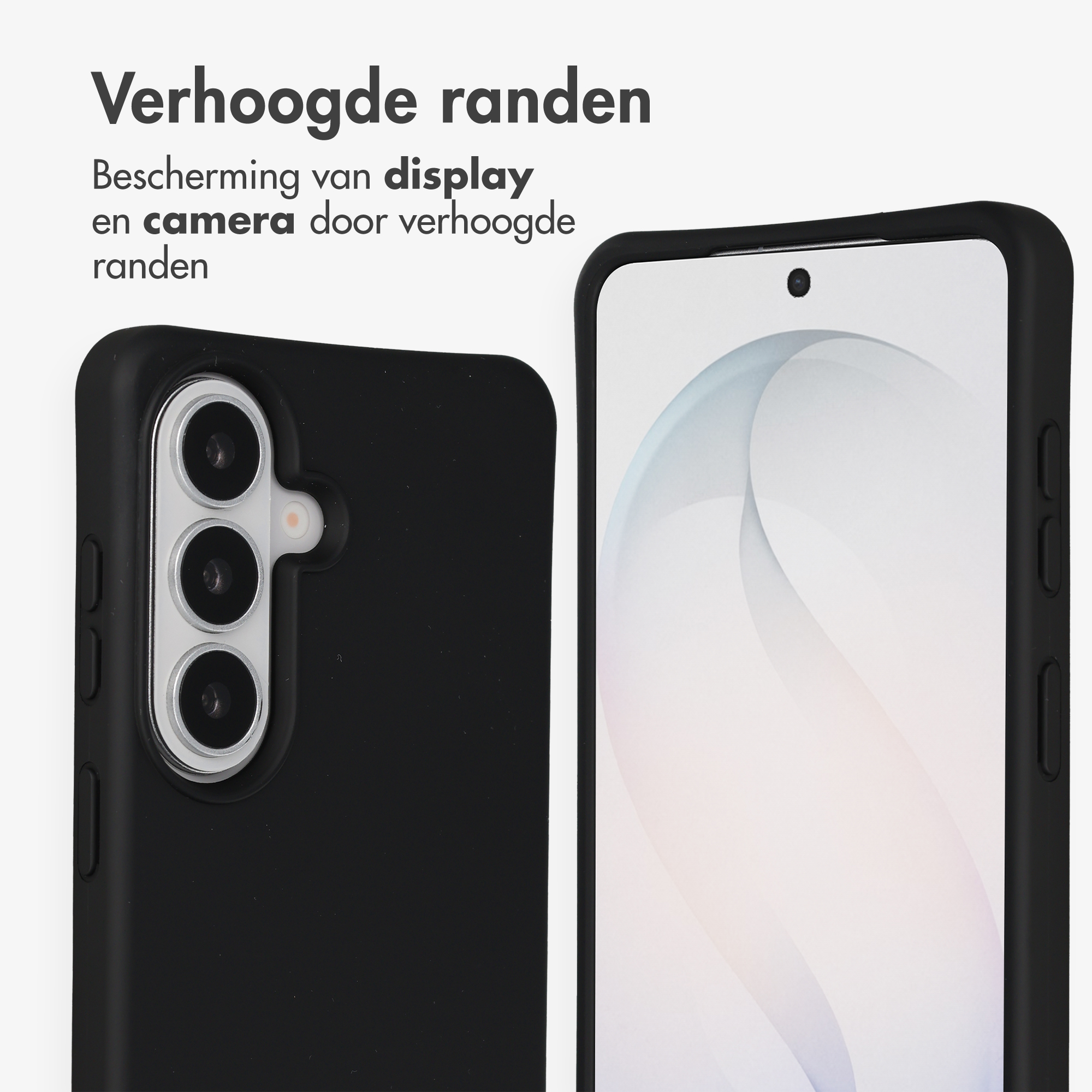 Zwarte telefoonhoes toont drie camera's en een voorkant met scherm.