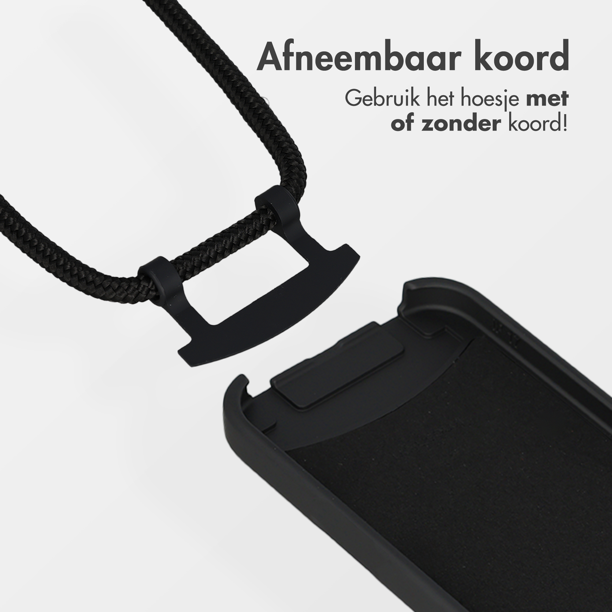 Zwarte telefoonhoes met afneembaar koord dat aan de hoes wordt bevestigd.