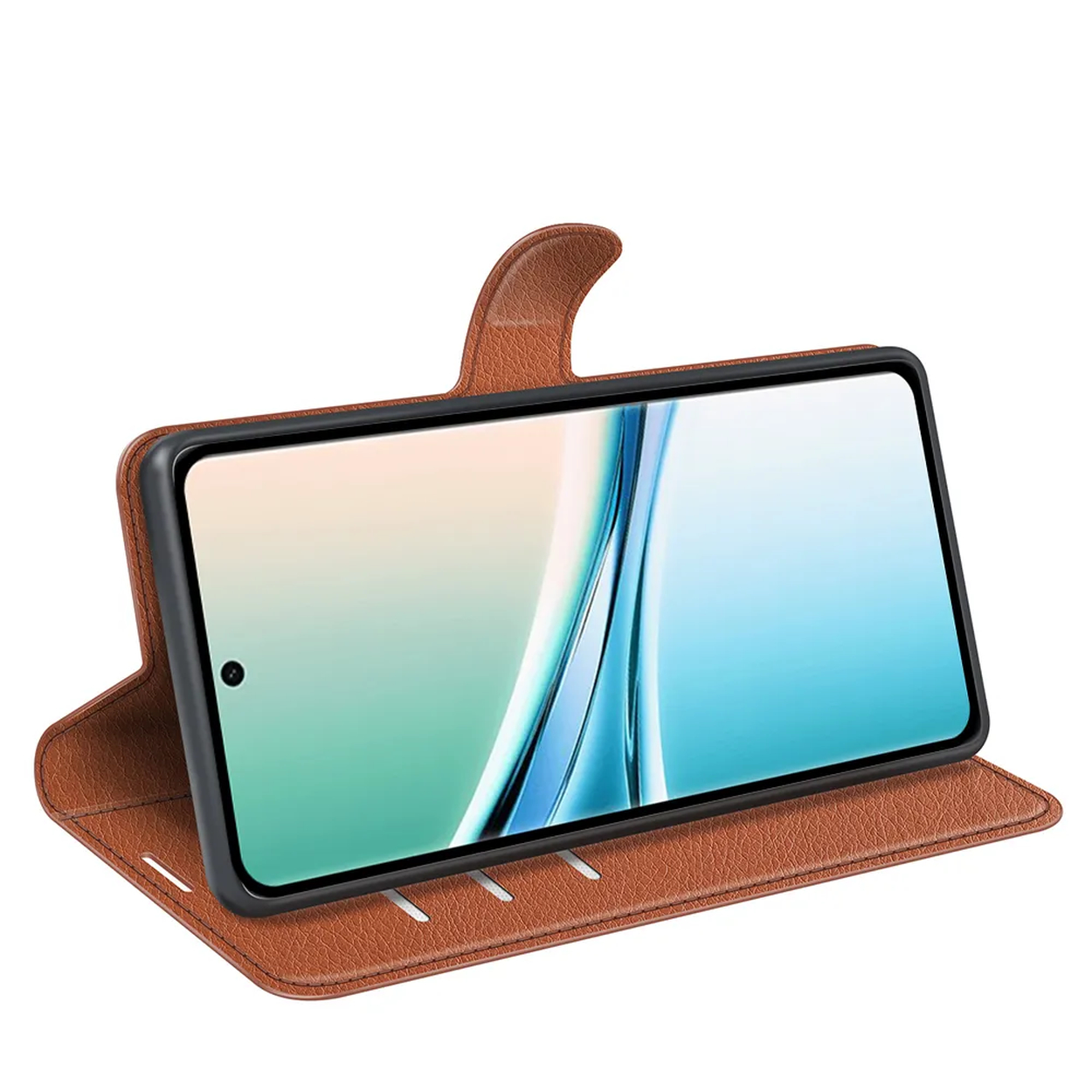 Een bruine leren flipcase voor een smartphone, rechtopstaand.