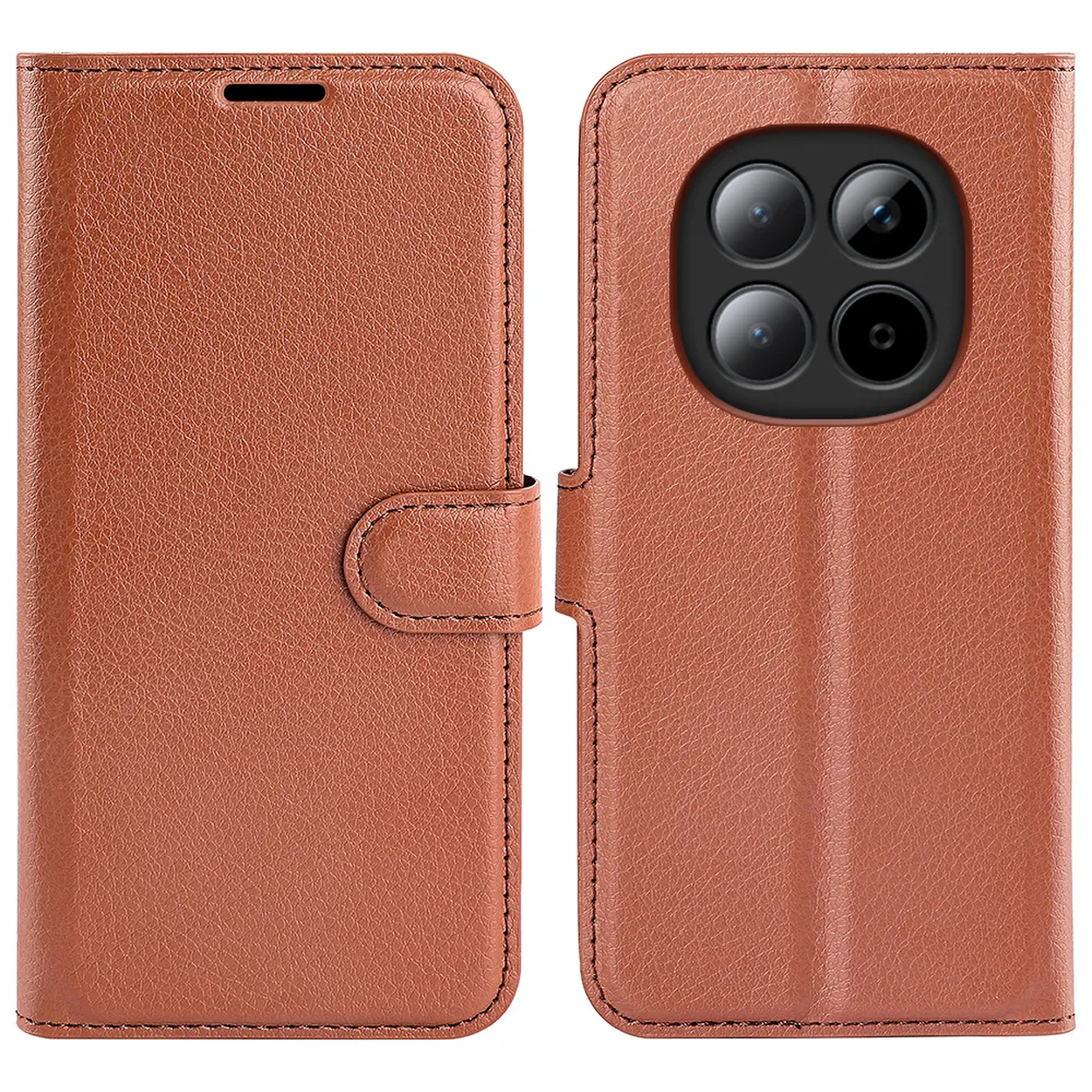 Bruine leren telefoonhoes met vier camera's aan de achterkant.
