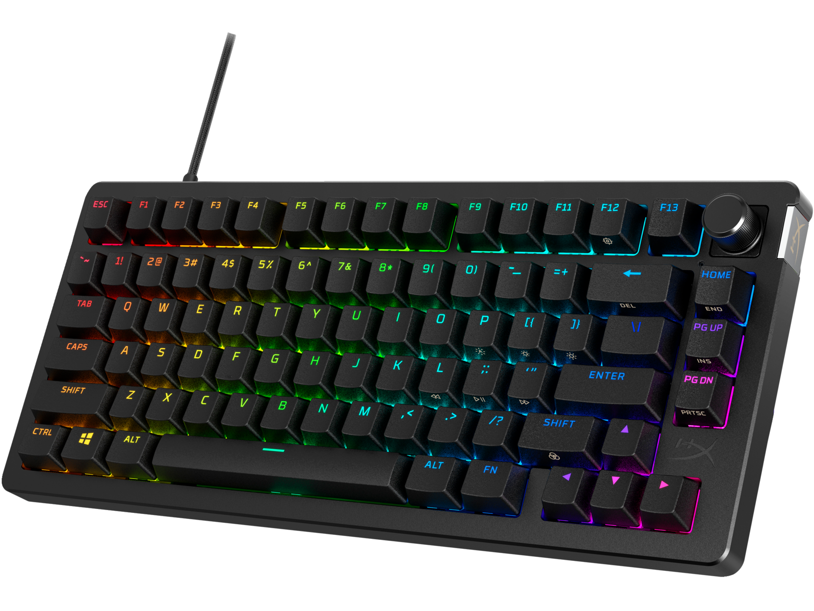 Un teclado mecánico negro con retroiluminación RGB y dial giratorio.