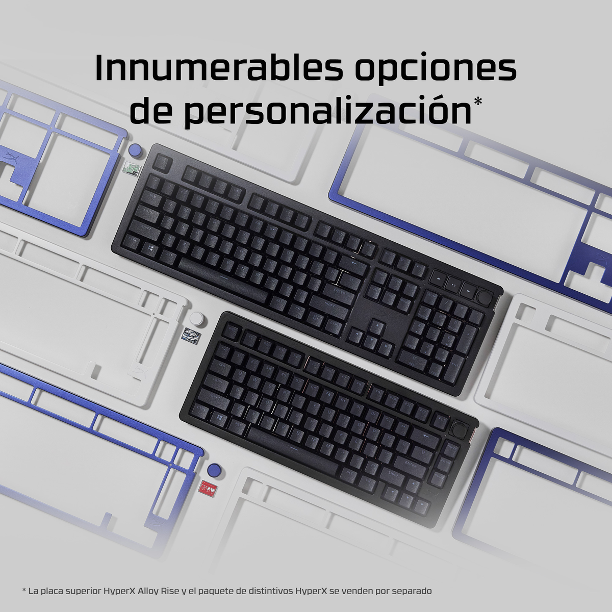 Dos teclados negros sobre marcos blancos y azules. Opciones de personalización.