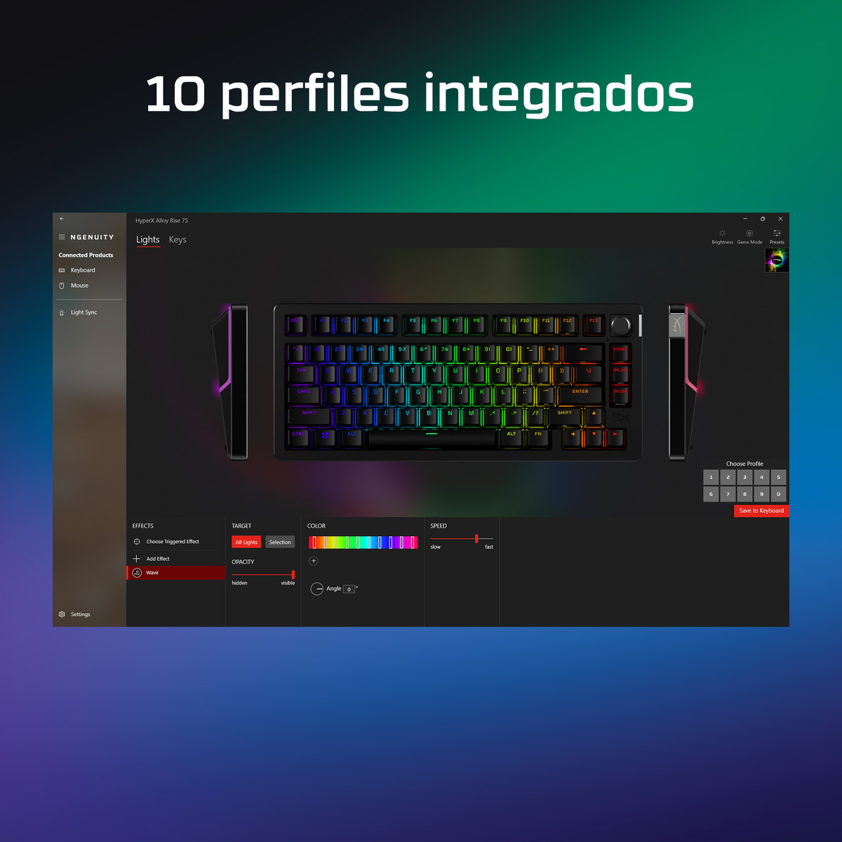 Teclado gaming con iluminación RGB personalizable, interfaz de software mostrada.